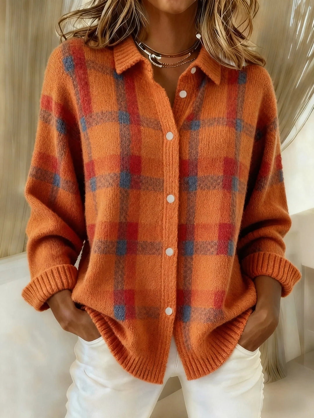Damen Langarm-Knopfshirt, bunt kariert. Lässiger Pullover, weich & bequem für Herbst-/Winter-Freizeitlooks.