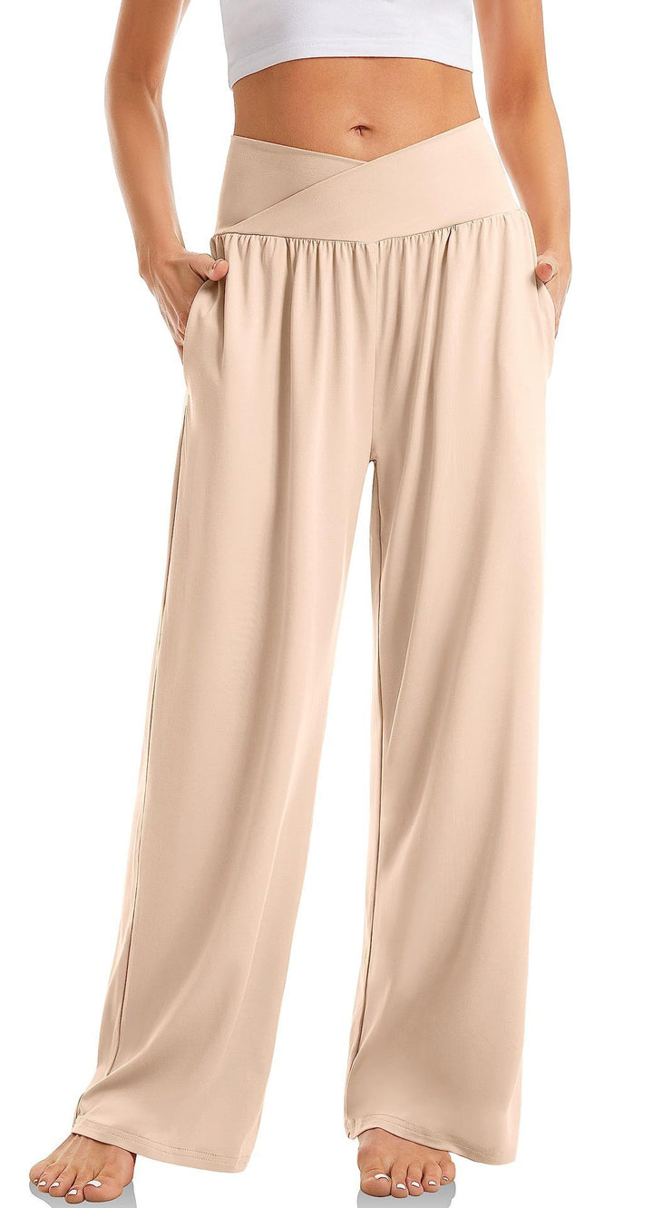 Vielseitige Damen Loungewear Hose mit V-Bund, weitem Bein und hoher Taille.