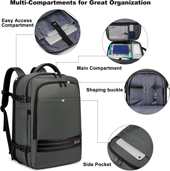 Robuster schwarzer Handgepäckrucksack, 45-55L Volumen, erweiterbar & für alle Wetterbedingungen.