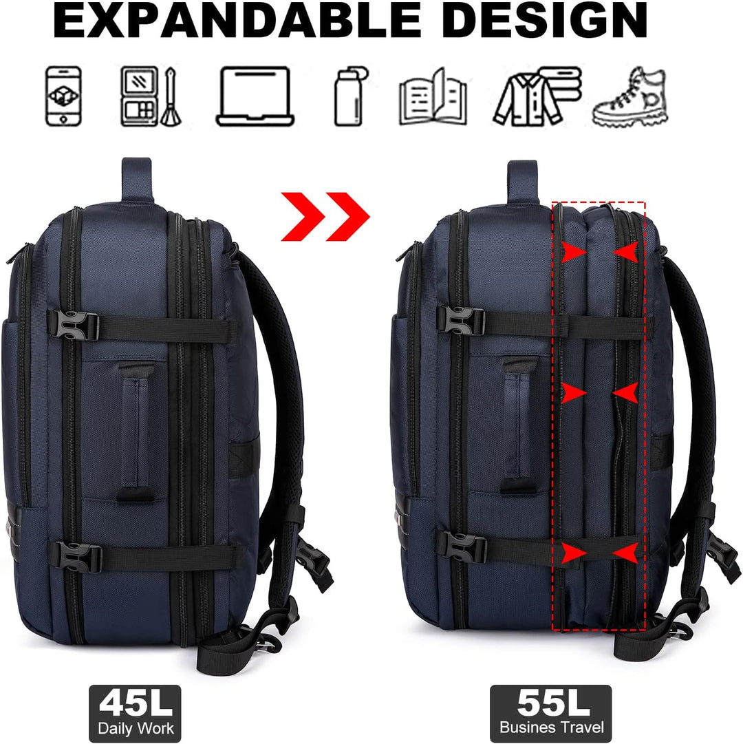Herren-Handgepäckrucksack in Blau, 45-55L, erweiterbar, robust und mit guter Innenorganisation.