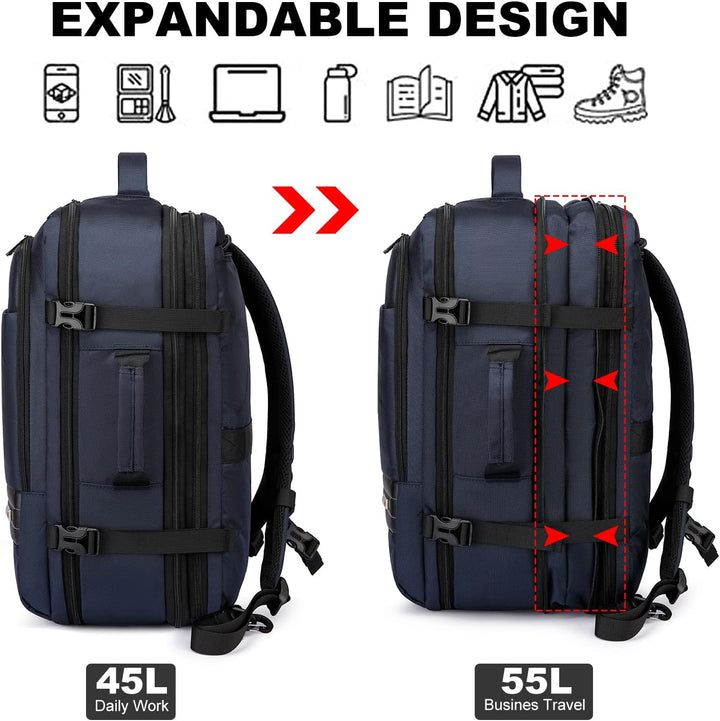 Herren-Handgepäckrucksack in Blau, 45-55L, erweiterbar, robust und mit guter Innenorganisation.