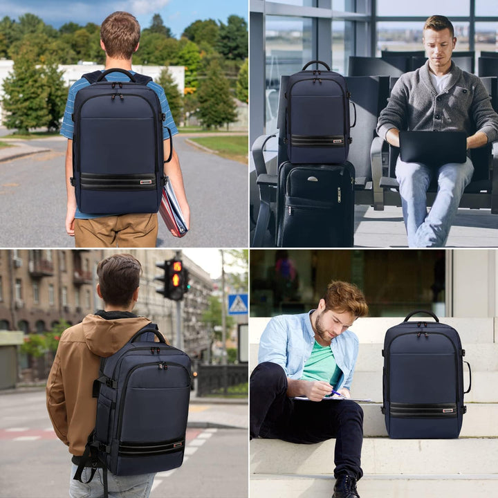 Blauer wasserdichter Reiserucksack 45-55L, mit Organisationstaschen & speziellem Laptopfach für Reisen.