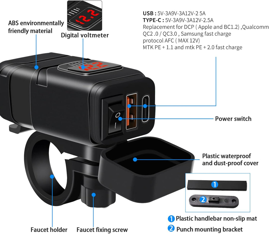 Robustes, wasserdichtes Motorrad USB-C Schnellladegerät mit Voltmeter. 12V Dual Port Lader für einfache Motorrad-Montage.