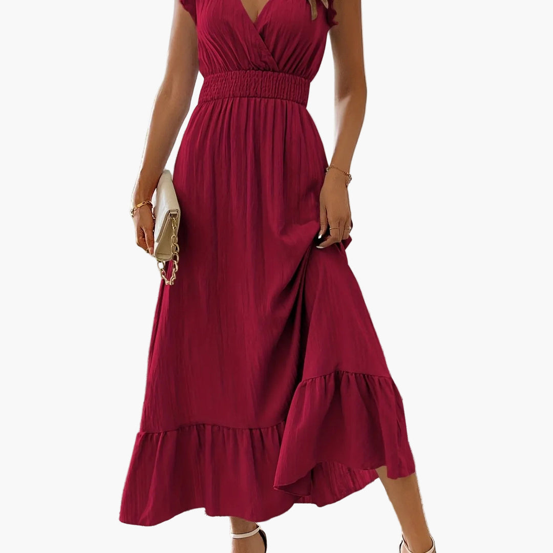 Damen Abendkleid Maxilänge: schmeichelnder V-Ausschnitt & elegante Volantärmel für Anlässe.