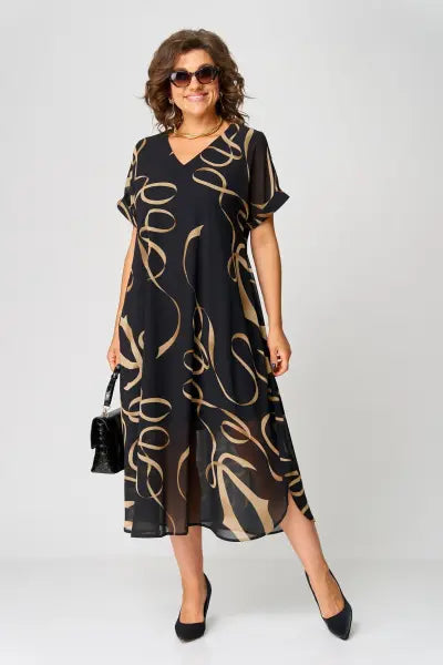 Damen Kurzarm Midikleid in Schwarz, mit elegantem V-Ausschnitt, ein Muss für jede Sommergarderobe.