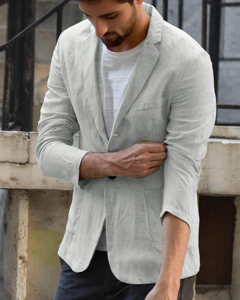 Herren Sakko, lässiger Zwei-Knopf Übergangsblazer in Grau für Smart Casual Outfits im Frühling oder Herbst.