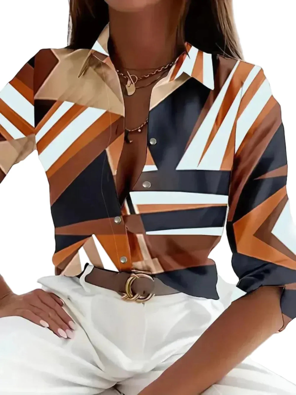 Vielseitige Damenbluse, Langarm, mit abstraktem Muster und Knopfleiste. Bequeme, moderne Bluse für elegante Anlässe.