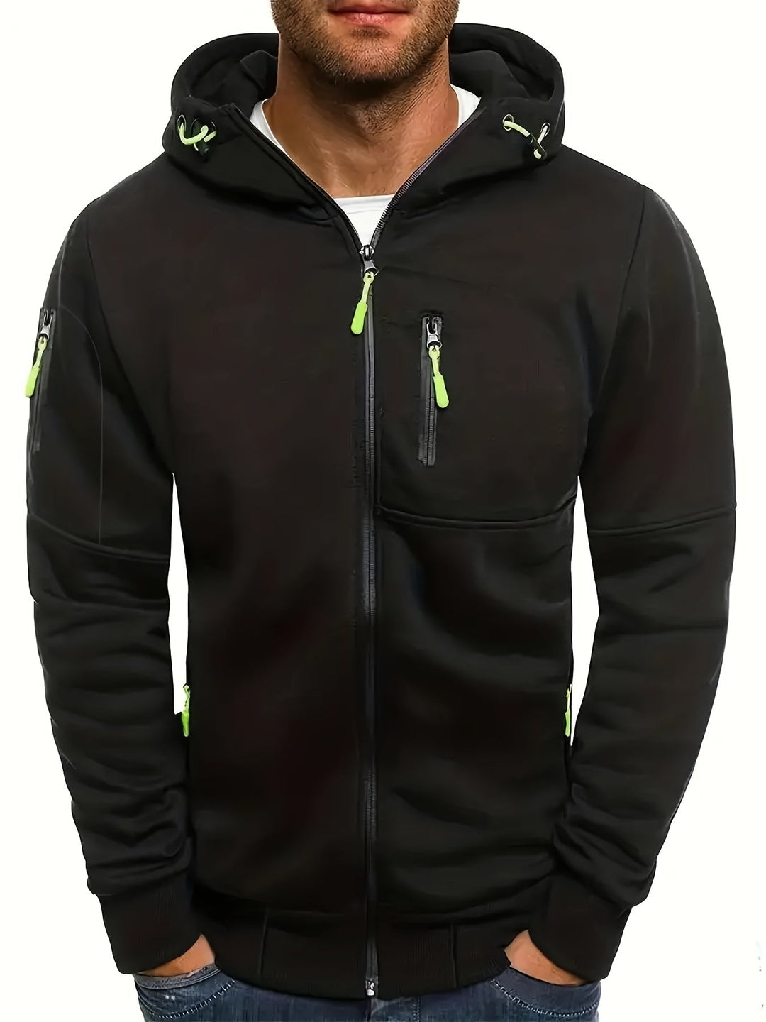 Bequeme Herren Kapuzenjacke mit Reißverschluss. Lässige Passform, ideal als Herbstjacke für Alltag & Sport.