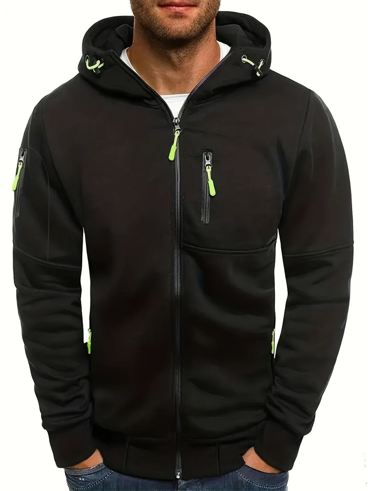 Bequeme Herren Kapuzenjacke mit Reißverschluss. Lässige Passform, ideal als Herbstjacke für Alltag & Sport.