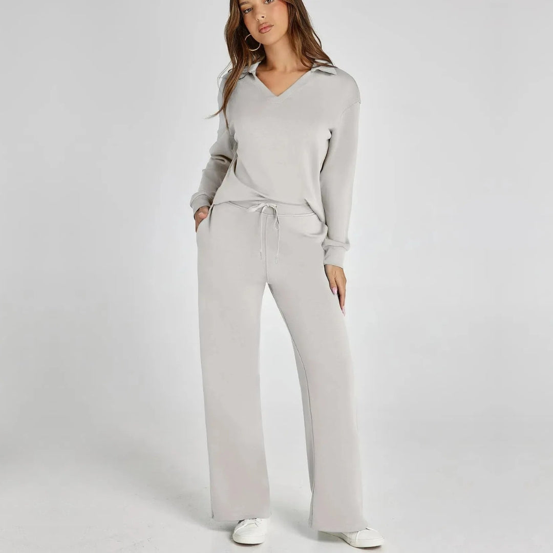 Damen Freizeitkleidung: Bequemer Hausanzug mit V-Ausschnitt Oberteil & locker sitzender Hose.