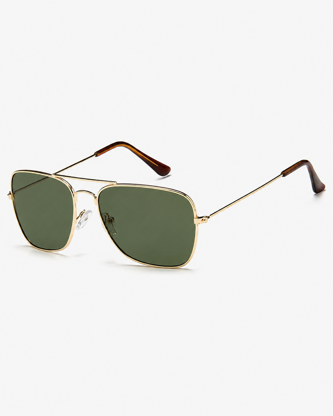Nahaufnahme der quadratischen Sonnenbrille mit hochwertigem Metallrahmen; bietet optimalen UV400 Schutz.
