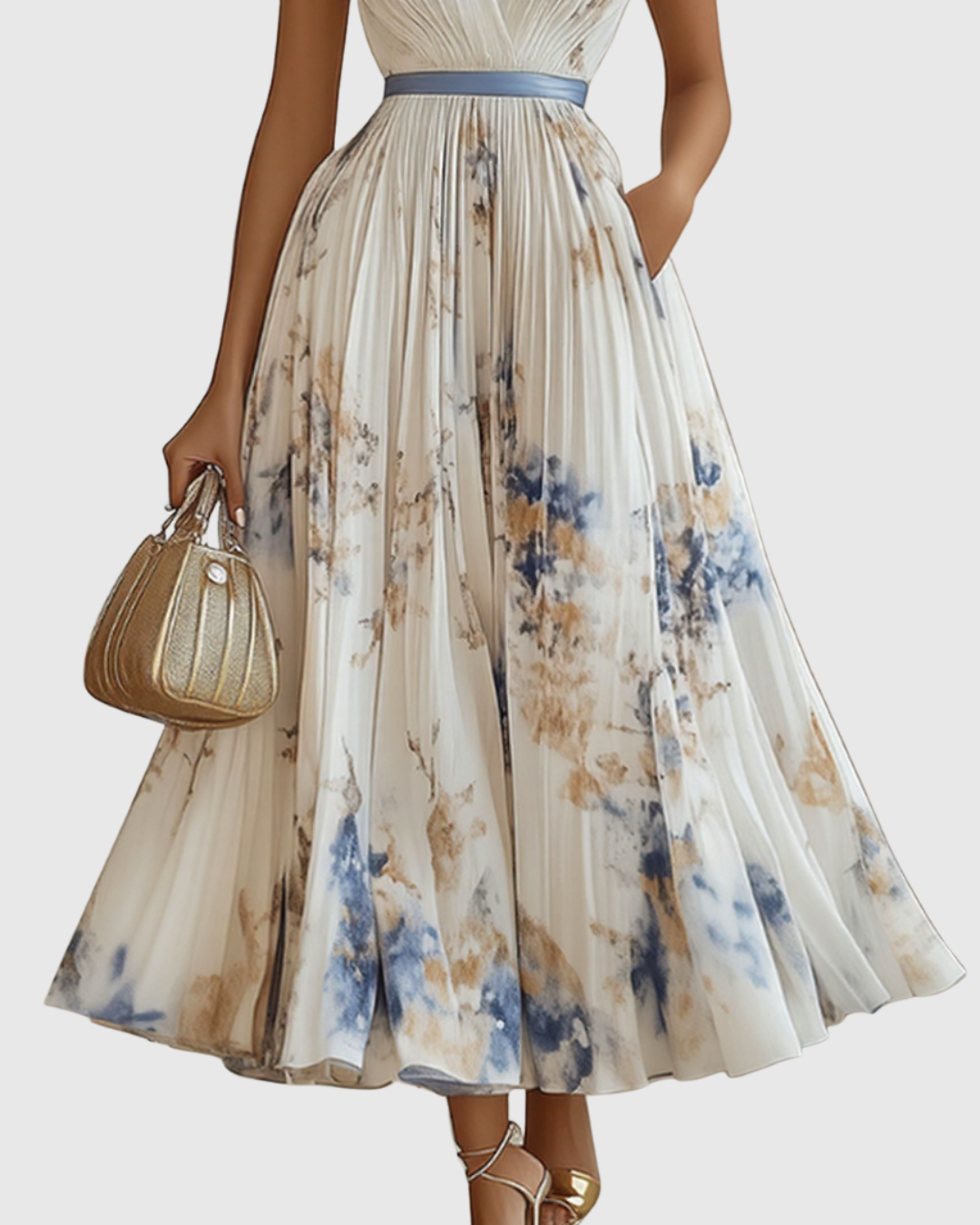 Langärmliges Damen Maxikleid mit V-Ausschnitt, plissiertem Rockteil und zartem Blumenprint.