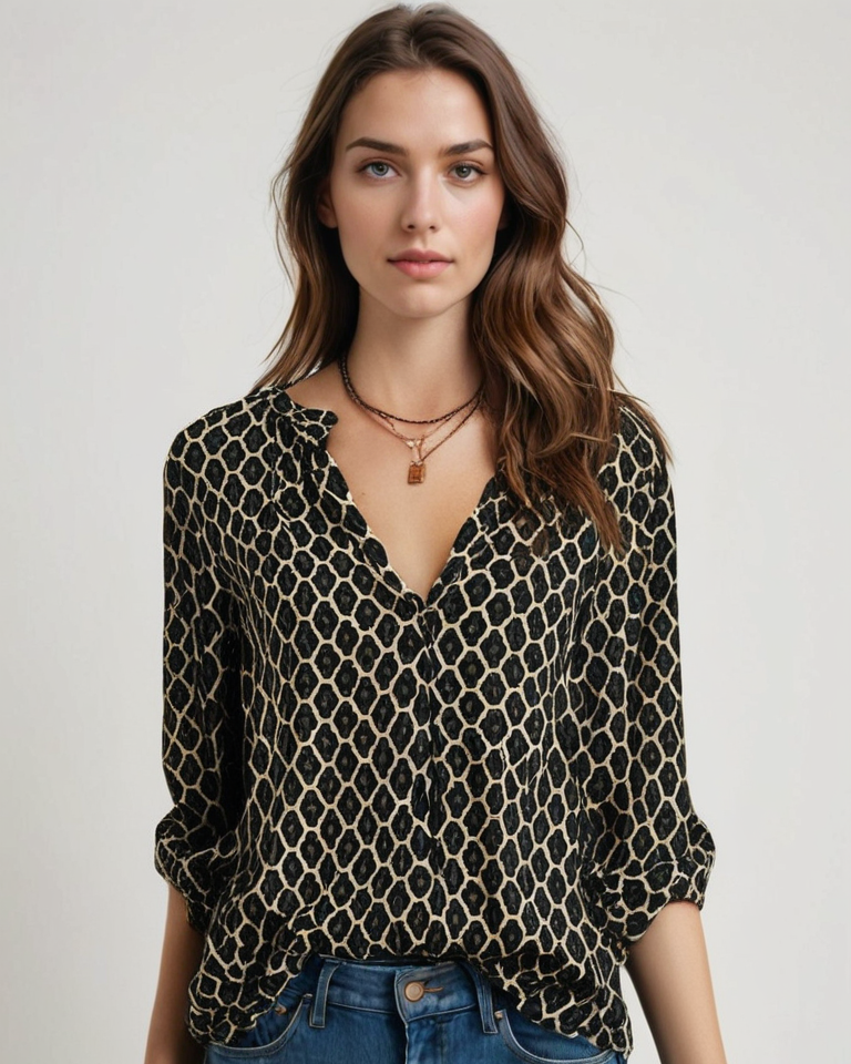 Elegante Damen Bluse mit V-Ausschnitt und modischem geometrischem Muster, perfekt für Frühling und Alltag.
