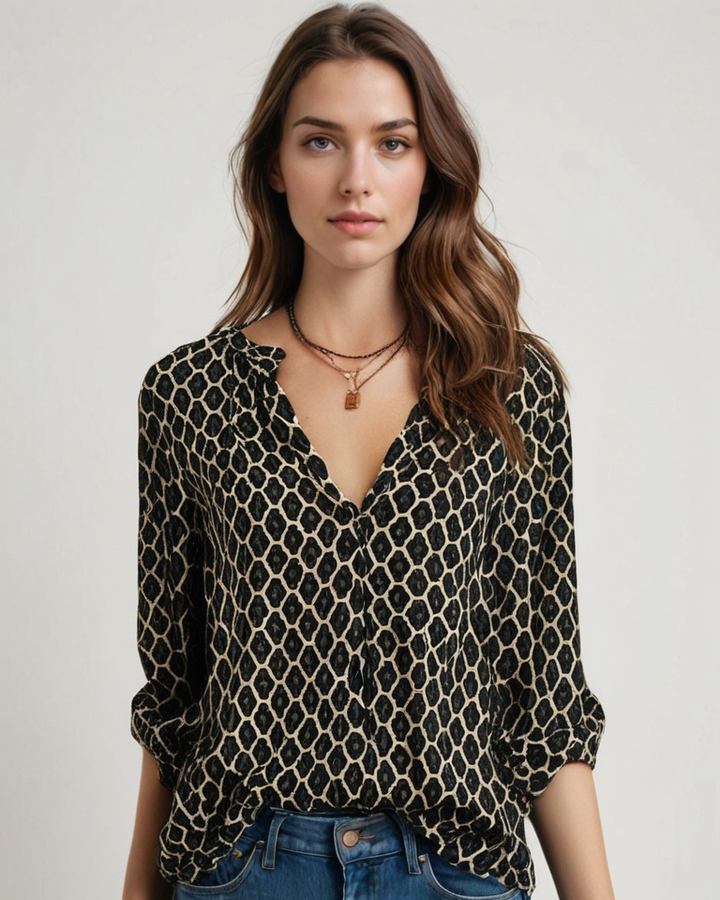 Elegante Damen Bluse mit V-Ausschnitt und modischem geometrischem Muster, perfekt für Frühling und Alltag.