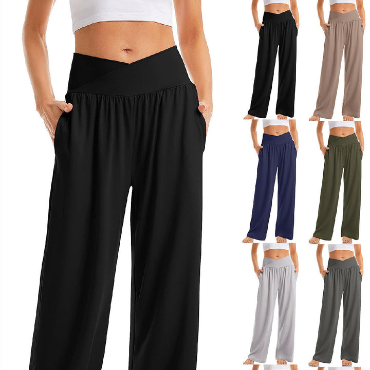 Damen Yoga-Hose mit V-Bund und weitem Bein in Schwarz für Komfort beim Pilates.