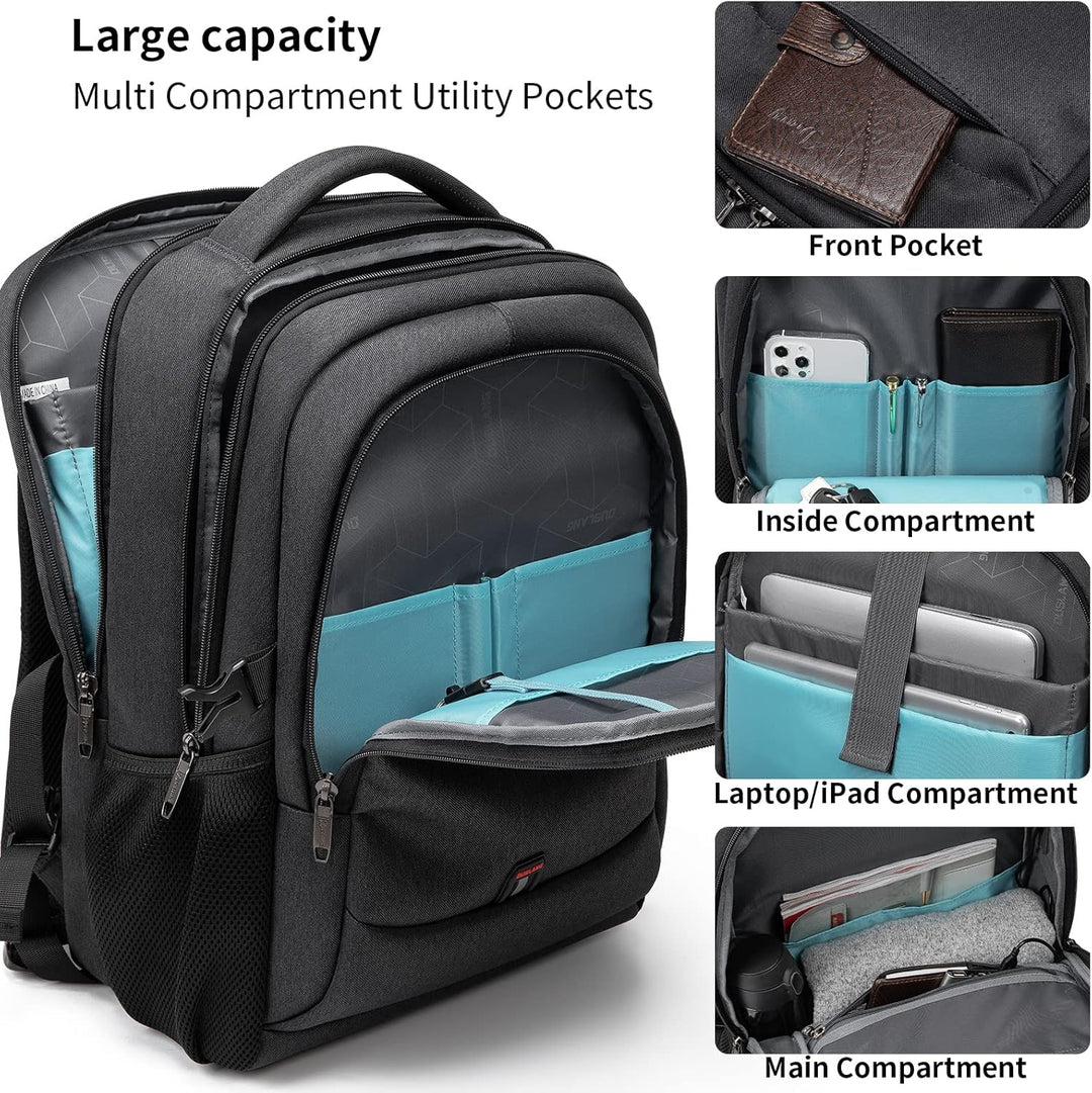 Dunkelgrauer Unisex Laptoprucksack, wasserfest, mit gepolstertem Laptopfach & USB-Port.