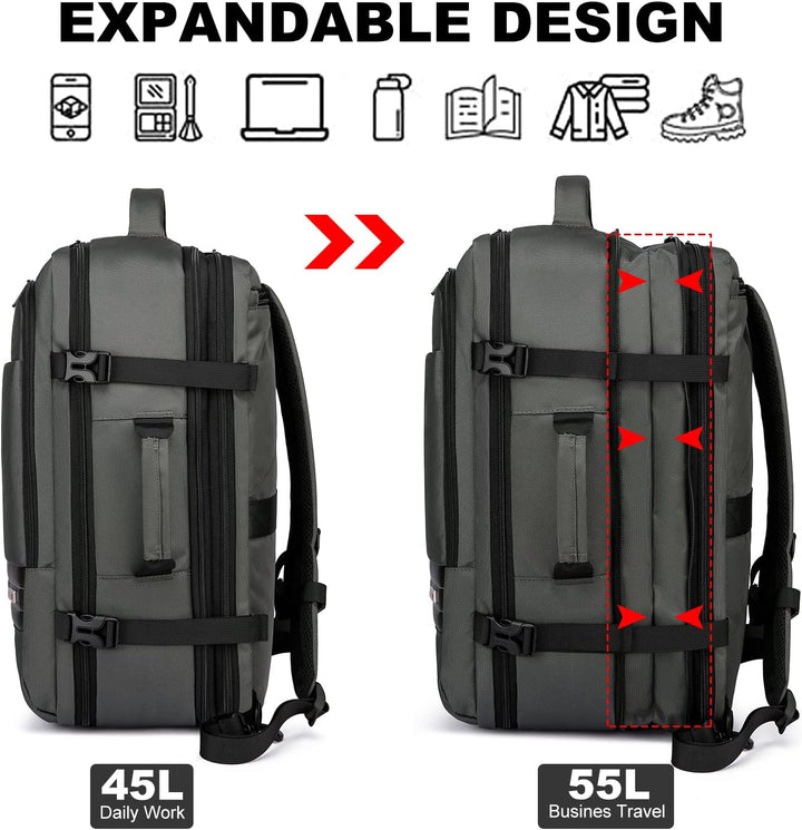Blauer Reiserucksack 45-55L, wasserdicht und erweiterbar, perfekt für den Wochenendtrip & Business.