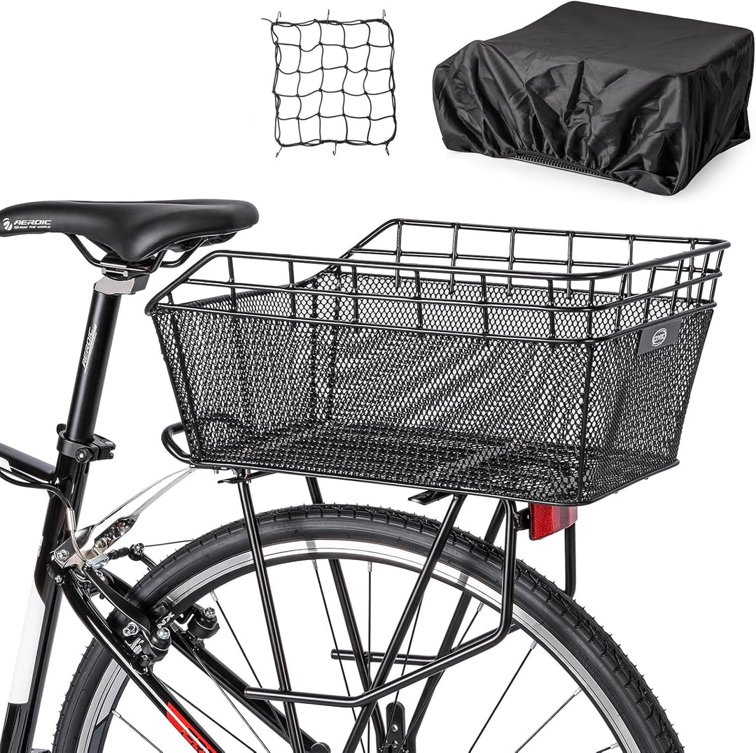 Großer Hinterrad-Fahrradkorb Orvian mit Ladenetz & Regenschutz, ideal für E-Bike, Pendler & Einkauf.