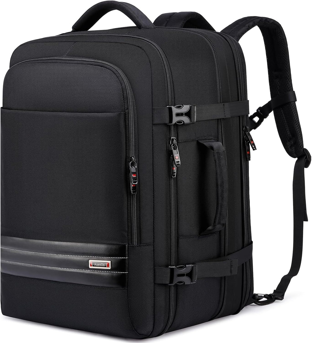 Schwarzer erweiterbarer Reiserucksack 45-55L mit Laptopfach, ideal als Handgepäck für Damen & Herren.