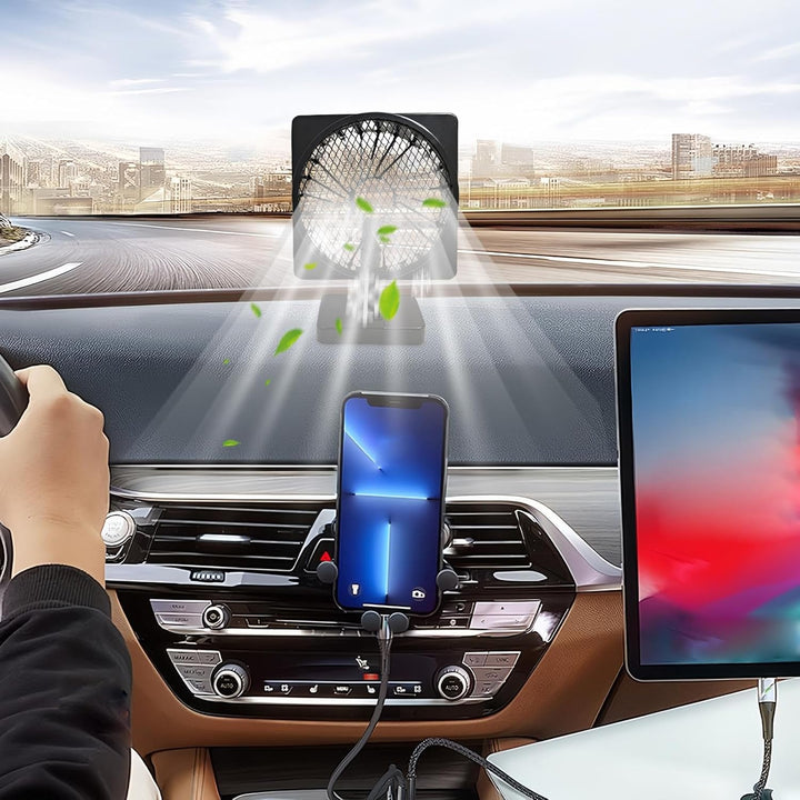 Leiser Auto Kühlventilator für angenehme Fahrten im Sommer. 360° Luftzirkulation & USB-Anschluss.