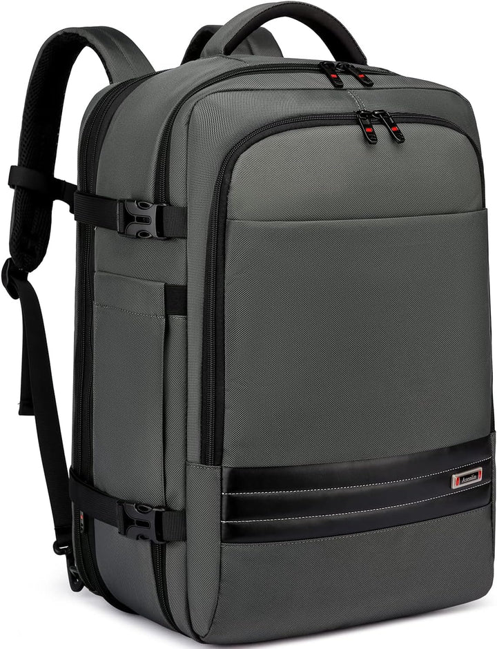 Grauer Business-Laptoprucksack, 45-55L erweiterbar, optimal für Pendler und Geschäftsreisen.