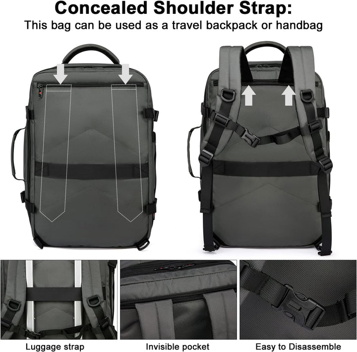 Multifunktionaler grauer Reiserucksack 45-55L, mit Laptopfach & vielseitiger Innenorganisation.
