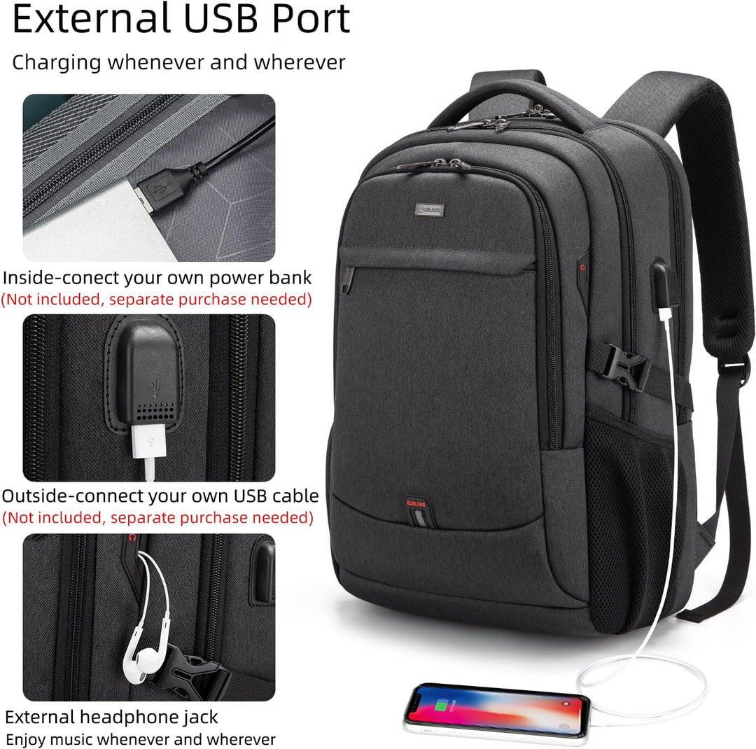 Wasserdichter Business-Rucksack, grau, mit Laptop-Schutz & externem USB-Anschluss.