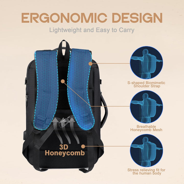 Geräumiger 40L Rucksack für Herren und Damen, wasserdicht, mit 17 Zoll Laptopfach, perfekt als Handgepäck.