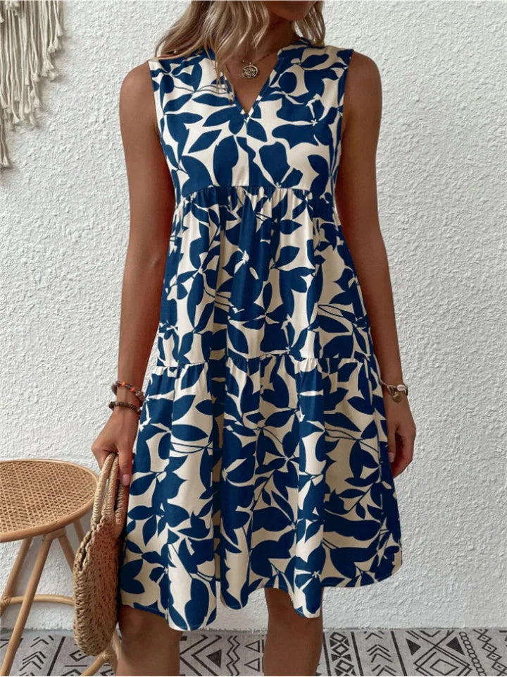 Maxi Damen Sommerkleid in A-Linie mit V-Ausschnitt, ärmellos, Blumenmuster; ein elegantes Freizeitkleid.