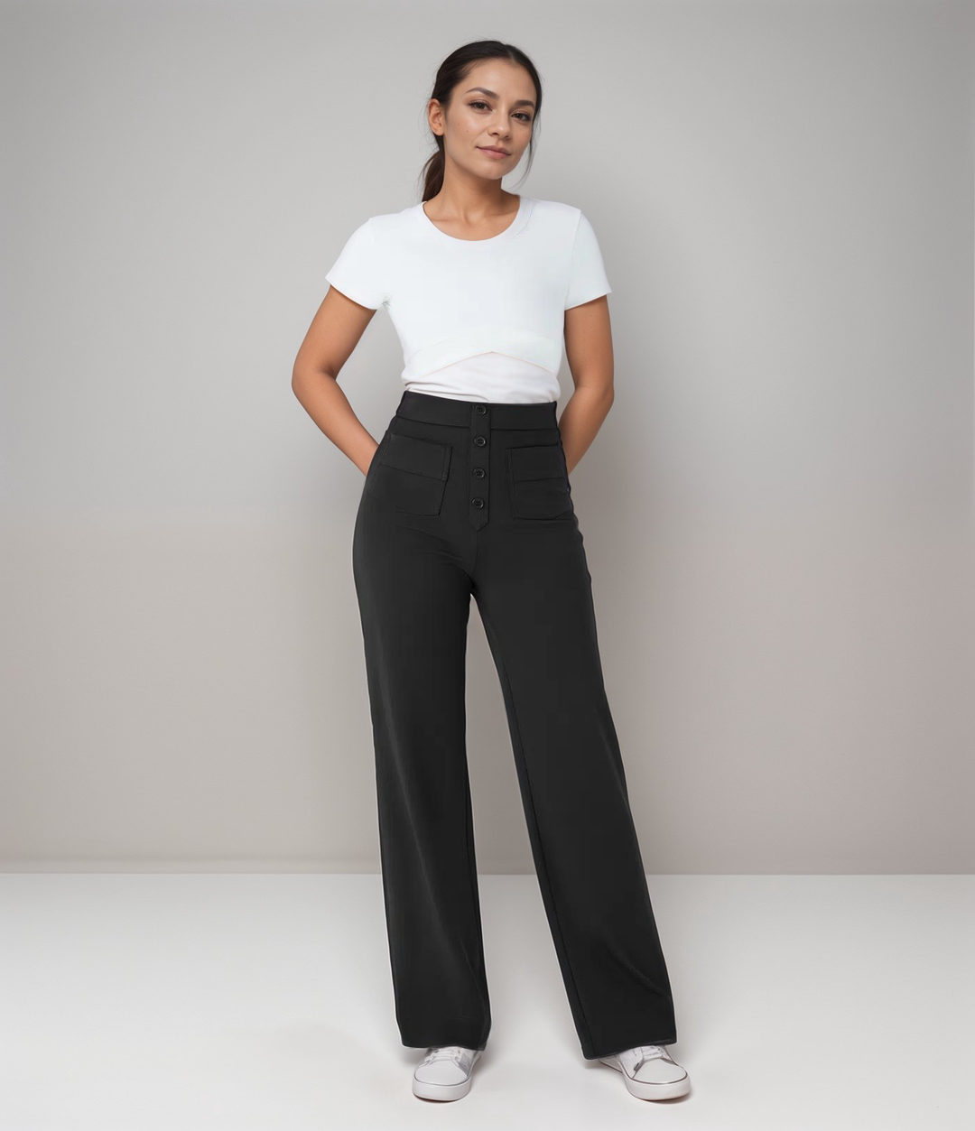 Bürohose Damen, High Waist, weites Bein, stretchig, knitterfrei, professionell & bequem.