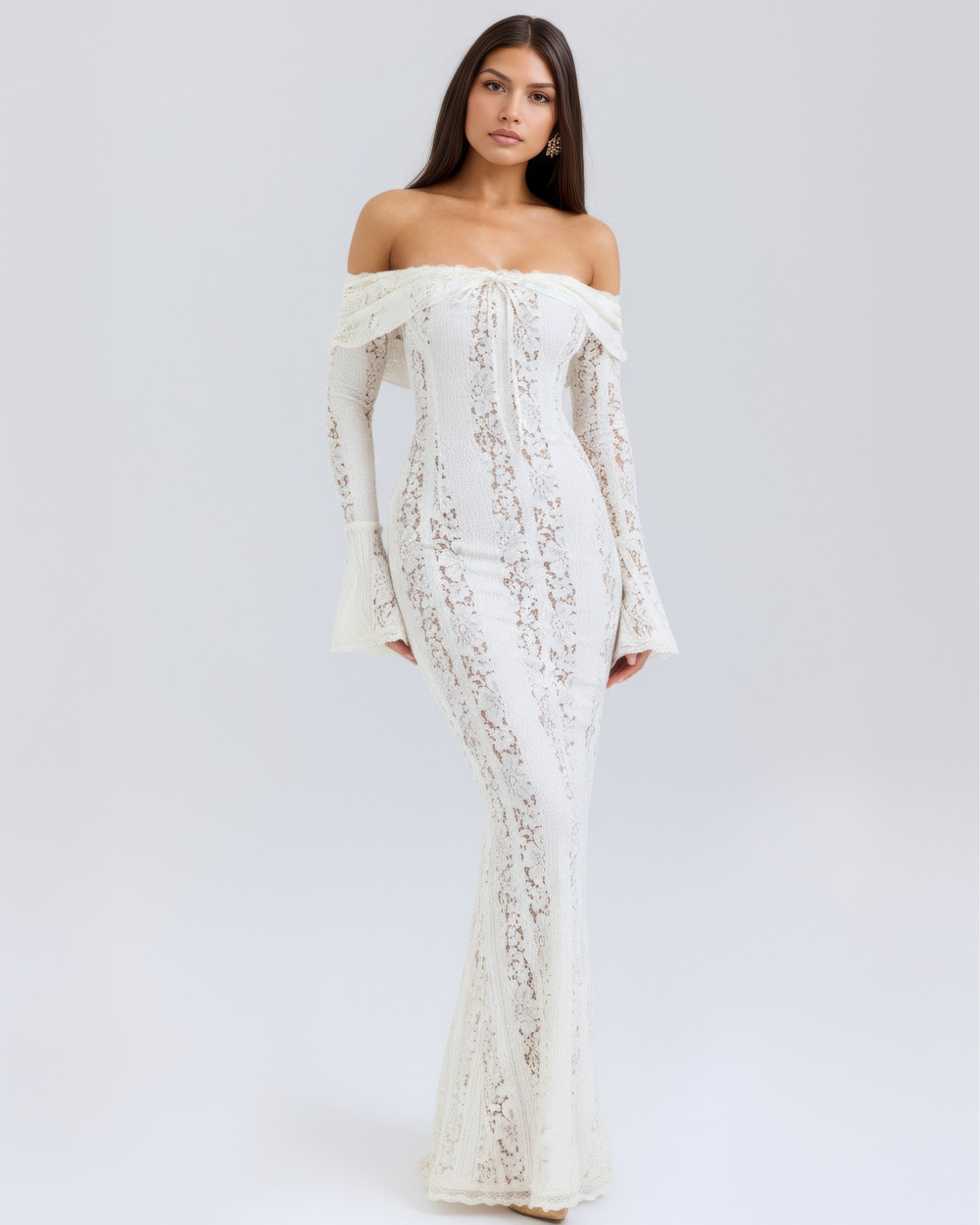 Festliches Off-Shoulder Damen Maxi-Kleid in Weiß, perfekt für Hochzeitsgäste, Partys und Anlässe.