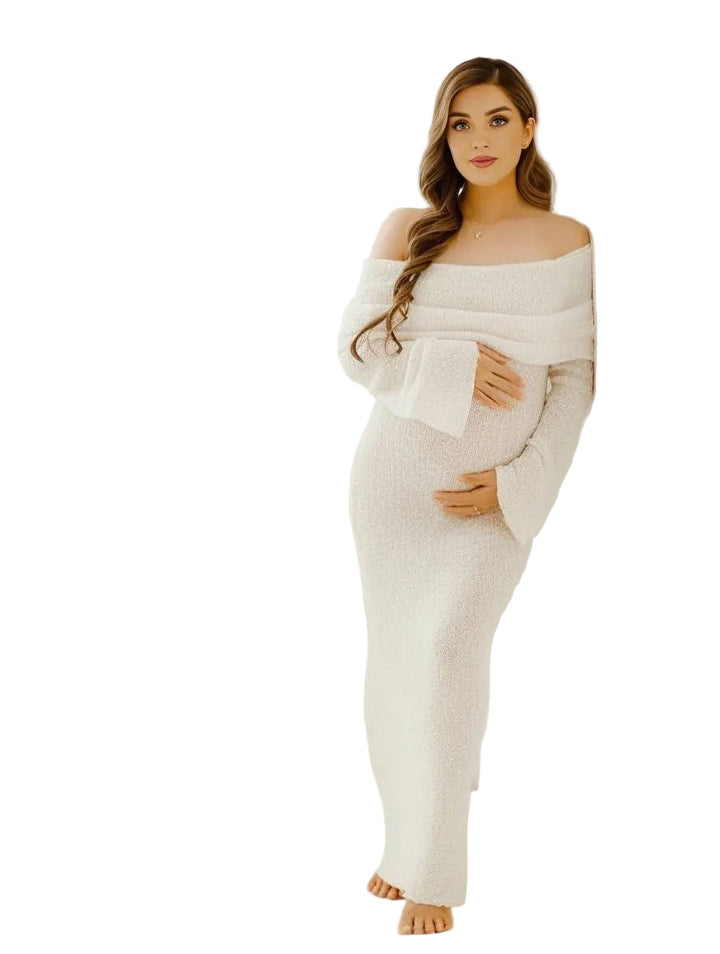 Elegantes Off-Shoulder Schwangerschaftskleid für Damen, Langarm Maxi. Bequem für Fotoshooting & festliche Anlässe.