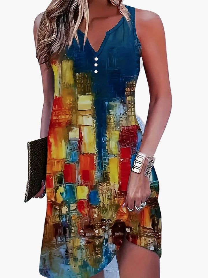 Ärmelloses Damen Freizeitkleid mit abstraktem Kunstmuster, ideal für Sommer und Events.
