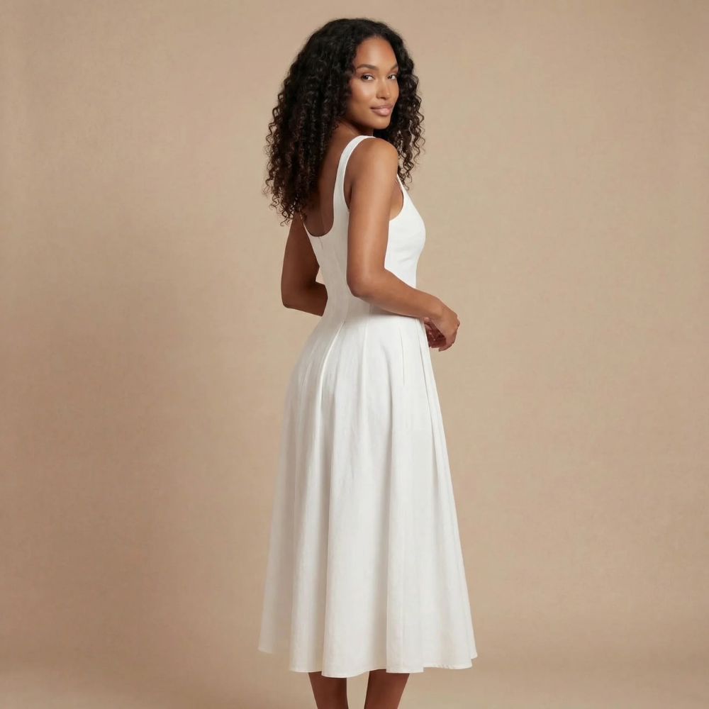 Elegantes Hochzeitsgast-Kleid für Damen: ärmelloses Midikleid mit Karreeausschnitt & festlichem Design.