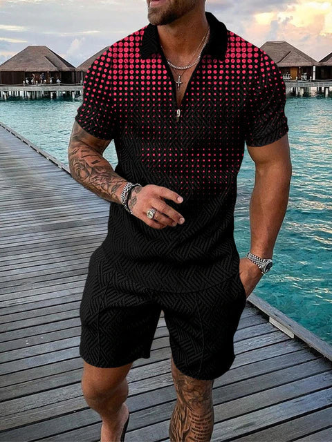 Mann trägt stylisches Herren Sommer Outfit Set: T-Shirt und Shorts, ideal für den Urlaub.