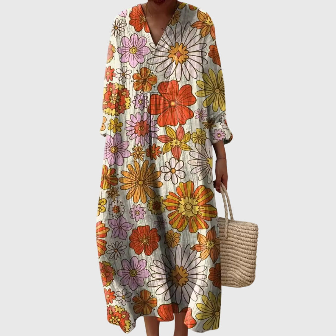 Sommerliches Damen Maxikleid mit V-Ausschnitt, Stufensilhouette & Relaxed Fit, perfekt als Freizeitkleid.