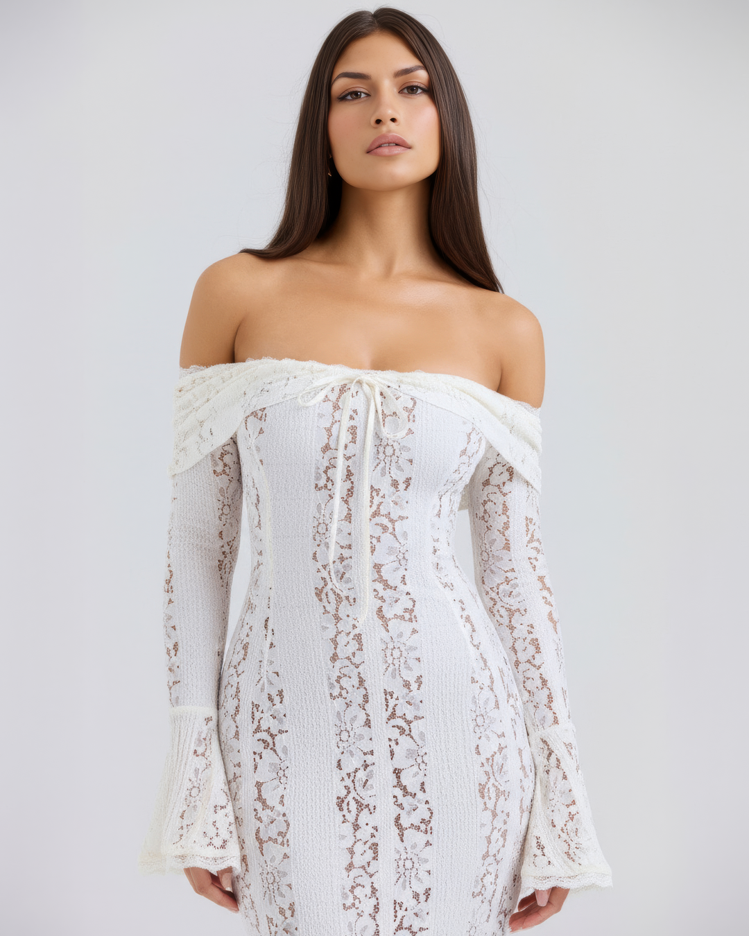 Elegantes weißes Off-Shoulder Maxi-Kleid für Hochzeitsgäste und festliche Anlässe, Damen.