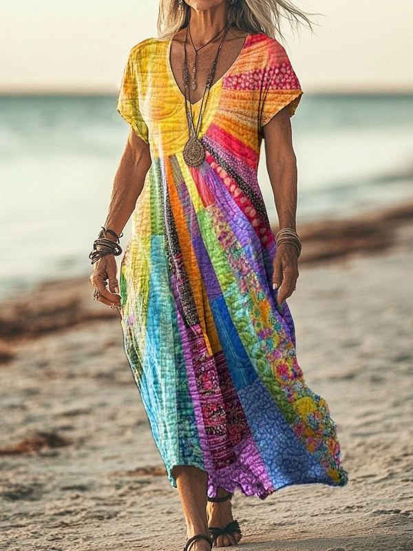 Komfortables Damen Bohemian Patchwork Maxikleid Rashmika; elegant und vielseitig für Sommer und Freizeit.
