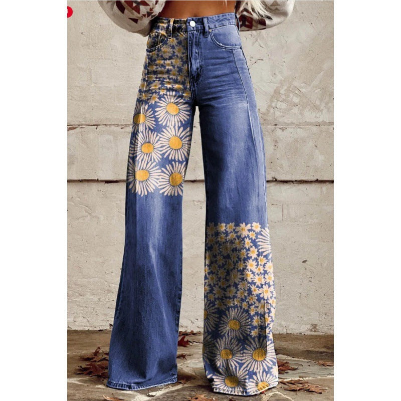 Lässige Damen Schlaghose mit Vintage Blumenmuster, perfekt für entspannten Chic.