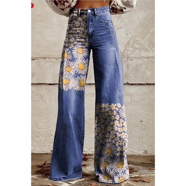 Lässige Damen Schlaghose mit Vintage Blumenmuster, perfekt für entspannten Chic.