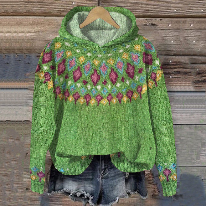Damen Strickhoodie mit trendigem Muster und Kapuze, perfekt für ein stilvolles und bequemes Winter-Freizeitoutfit.