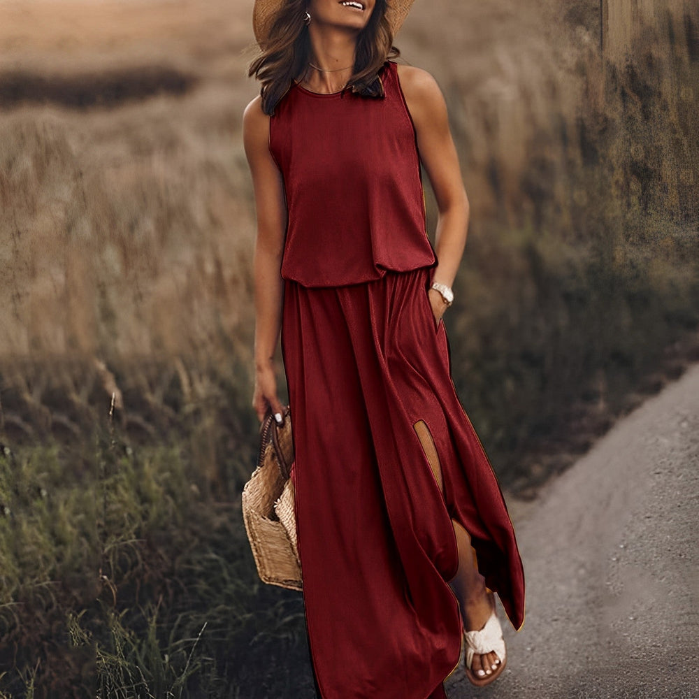 Ärmelloses Sommer Maxikleid für Damen in Schwarz mit stilvollem Retro-Muster. Ideal für Urlaub.