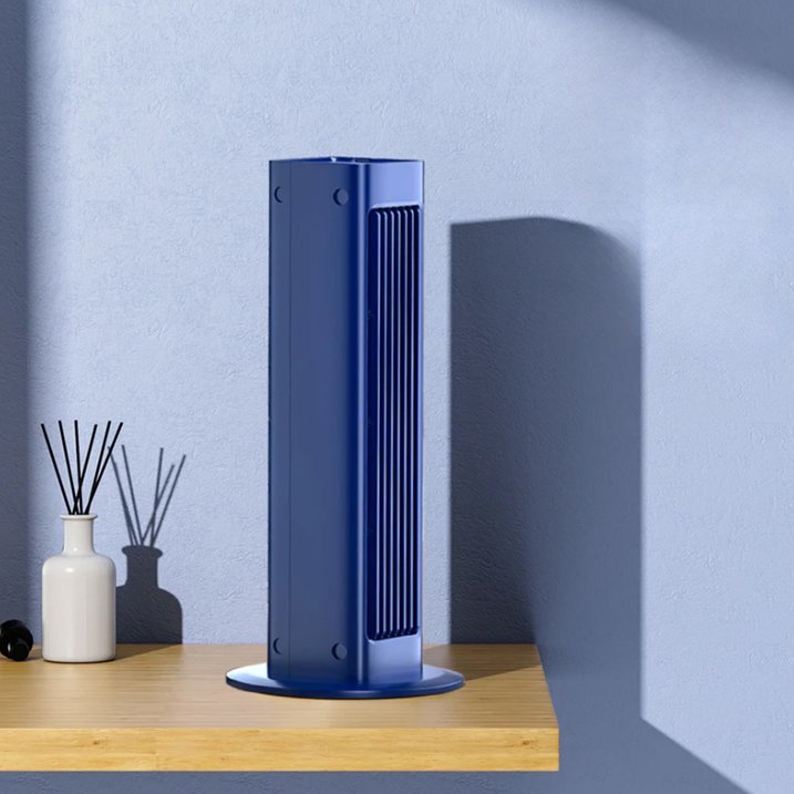 Eleganter rotorloser Tischventilator mit Akku für leise Kühlung im Büro; inklusive Fernbedienung und Timerfunktion.