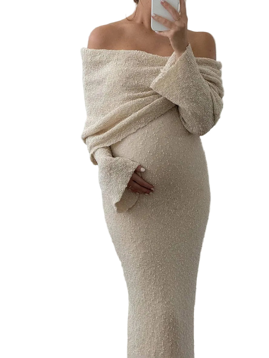 Dehnbares Off-Shoulder Umstandskleid, Langarm Maxi für Damen. Bequem & elegant, ideal für Alltag und besondere Anlässe.
