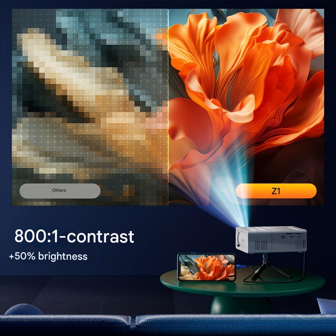 Eleganter LumoBeam Mini-Projektor (3000 Lumen), perfekt für Business-Präsentationen und gemütliche Filmabende.
