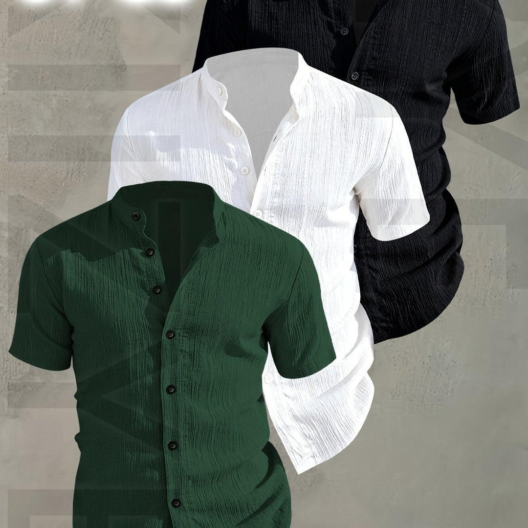 Eleganter Look: Herren Stehkragen Kurzarmhemden im praktischen 3er-Set; bequem & vielseitig.