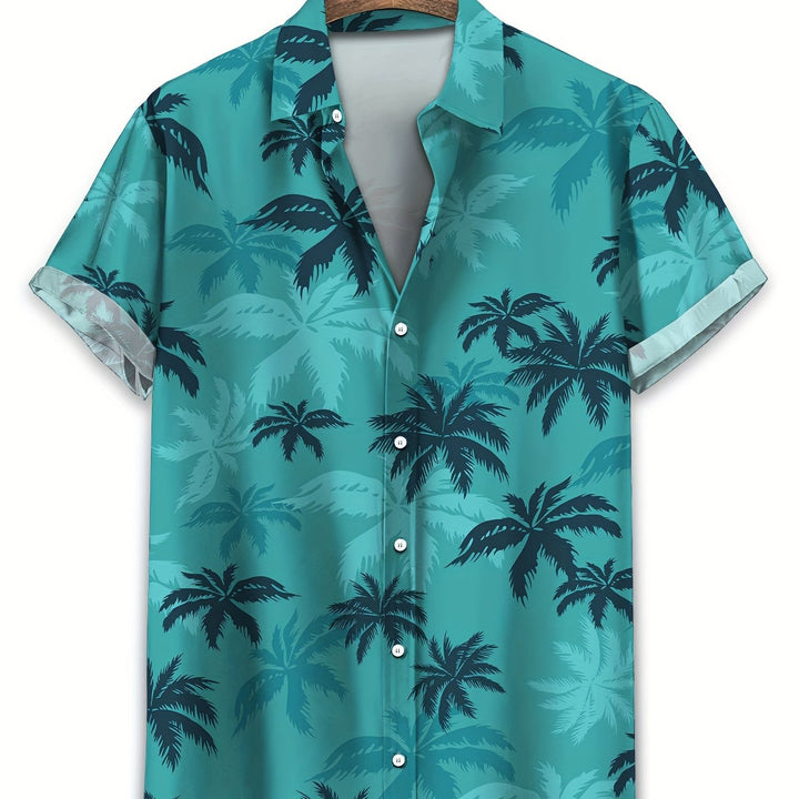 Herren Kurzarmhemd in Blau mit Palmenprint, luftig, modern, ideal für sommerliche Freizeitlooks.