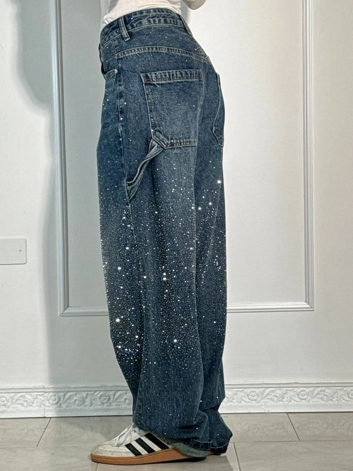 Moderne Damenjeans: Wide Leg Baggy Hose mit Glitzer-Details für einen glamourösen & komfortablen Auftritt.