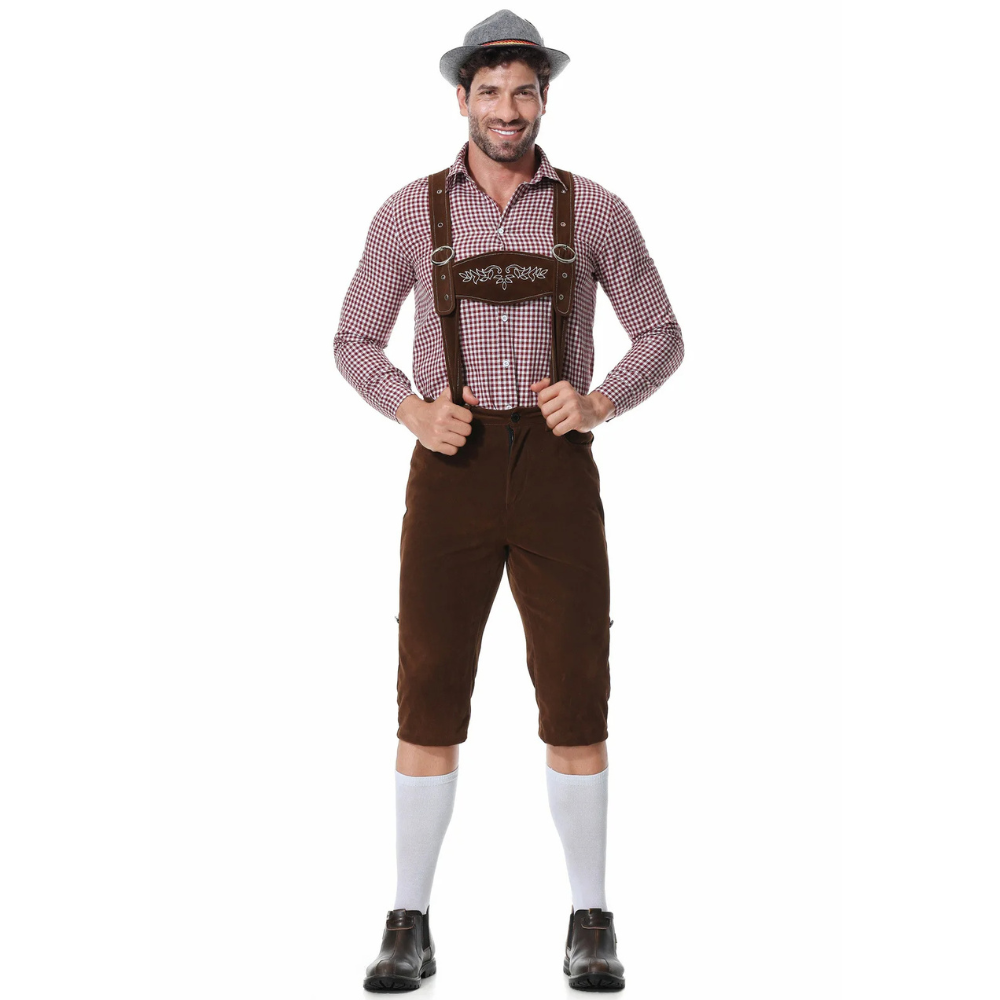 Bayerische Trachtenmode: Festliches Herren Oktoberfest Outfit mit klassischer Lederhose & kariertem Hemd.