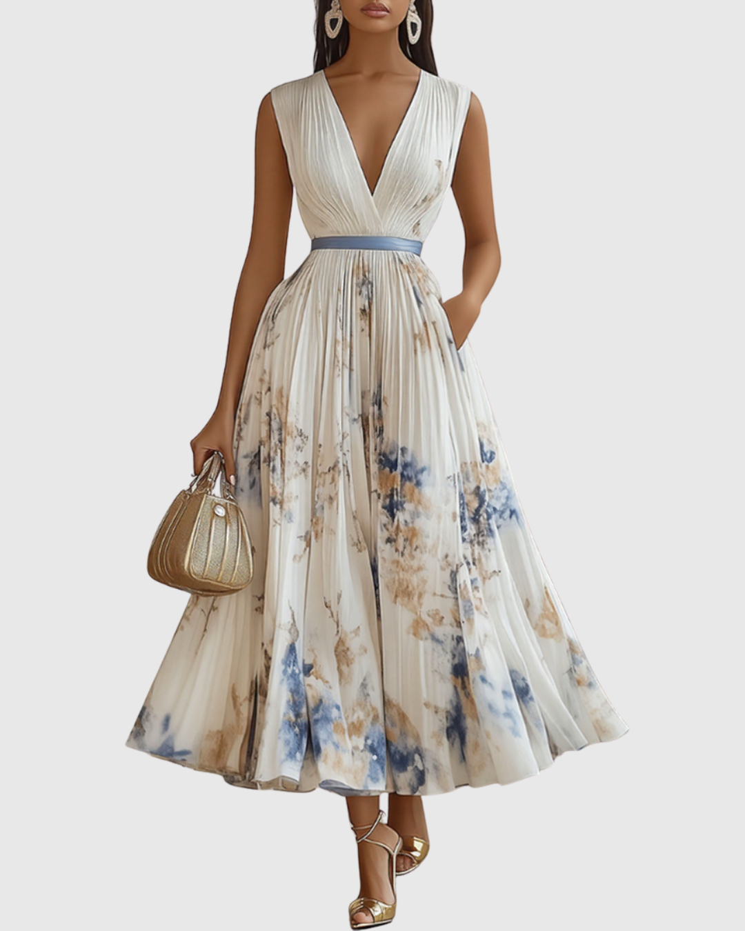 Elegantes, plissiertes Damen Maxikleid mit Blumenmuster, V-Ausschnitt und langen Ärmeln.
